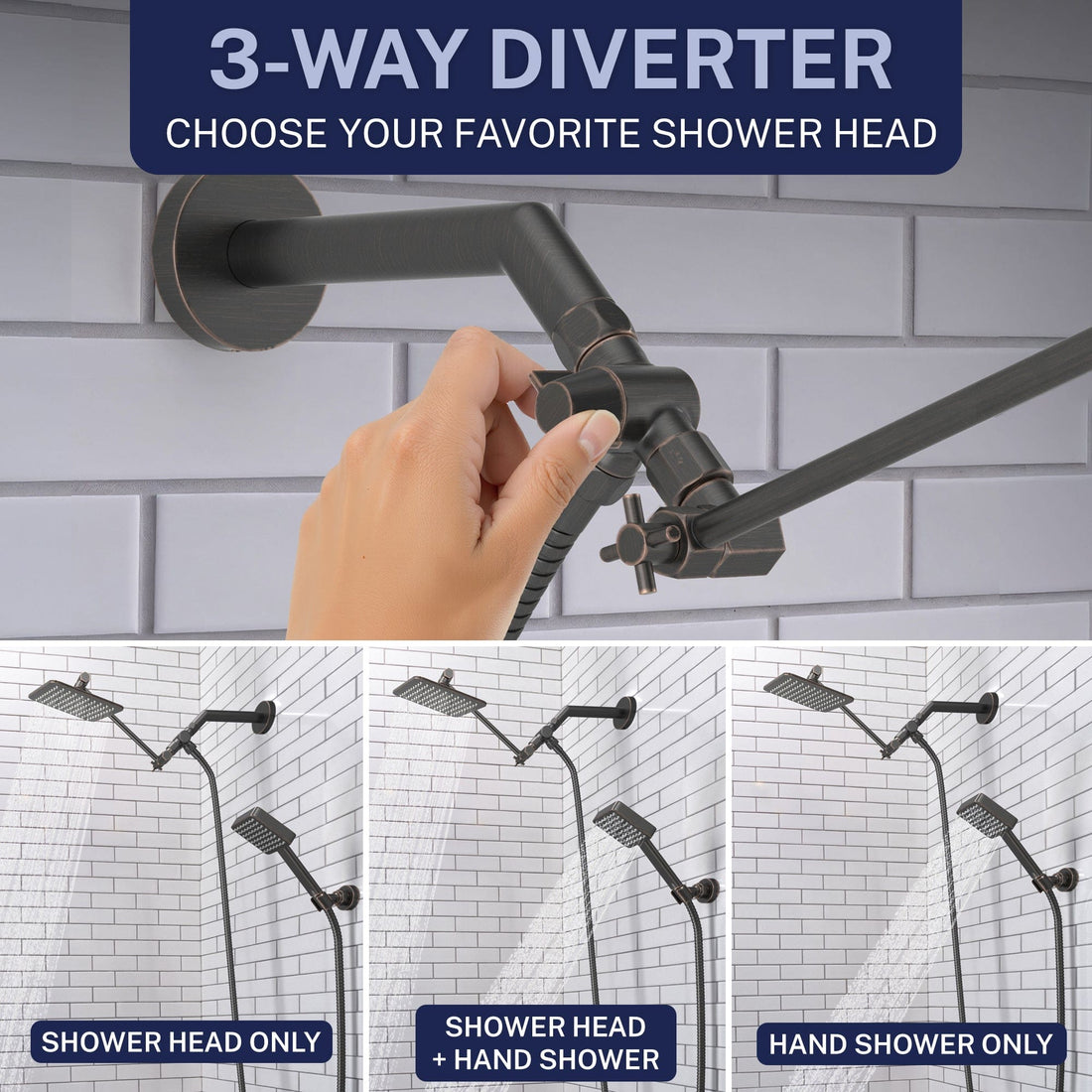 3-Way Diverter Square Dual Shower Head Set Oil Rubbed Bronze / 2.5 - The Shower Head Store