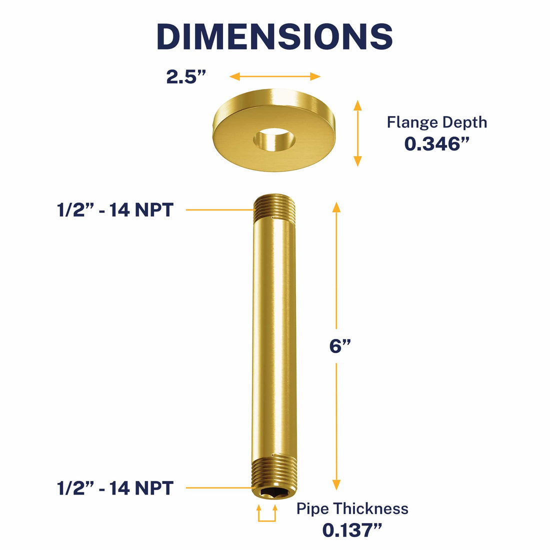 Dimensions Straight Shower Arm Brushed Gold / 6 Inch - The Shower Head Store