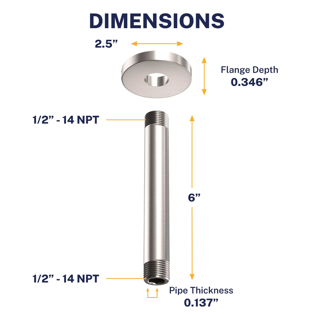 Dimensions Straight Shower Arm Brushed Nickel / 6 Inch - The Shower Head Store