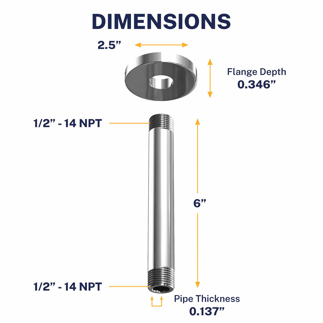 Dimensions Straight Shower Arm Chrome / 6 Inch - The Shower Head Store
