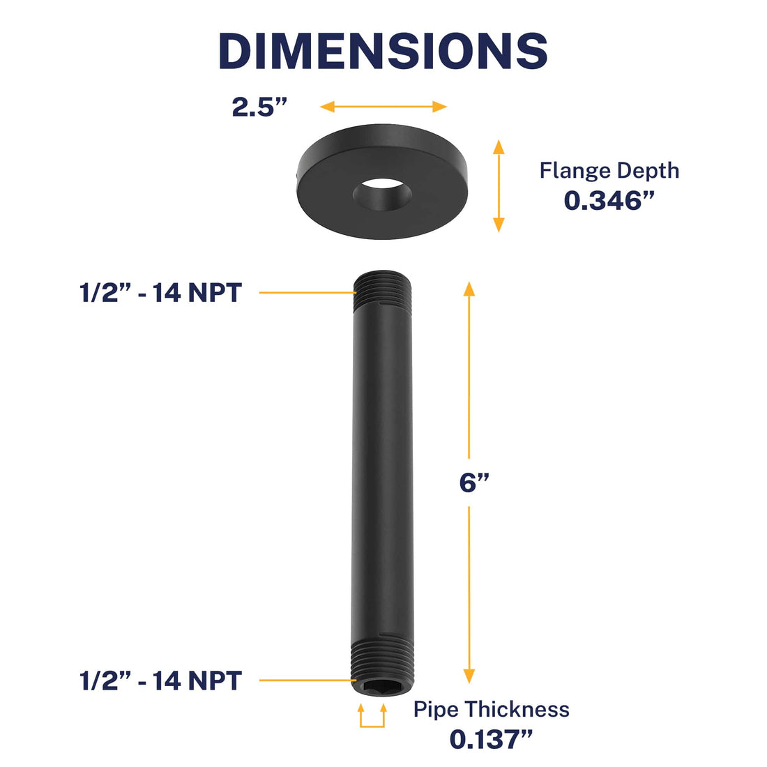 Dimensions Straight Shower Arm Matte Black / 6 Inch - The Shower Head Store