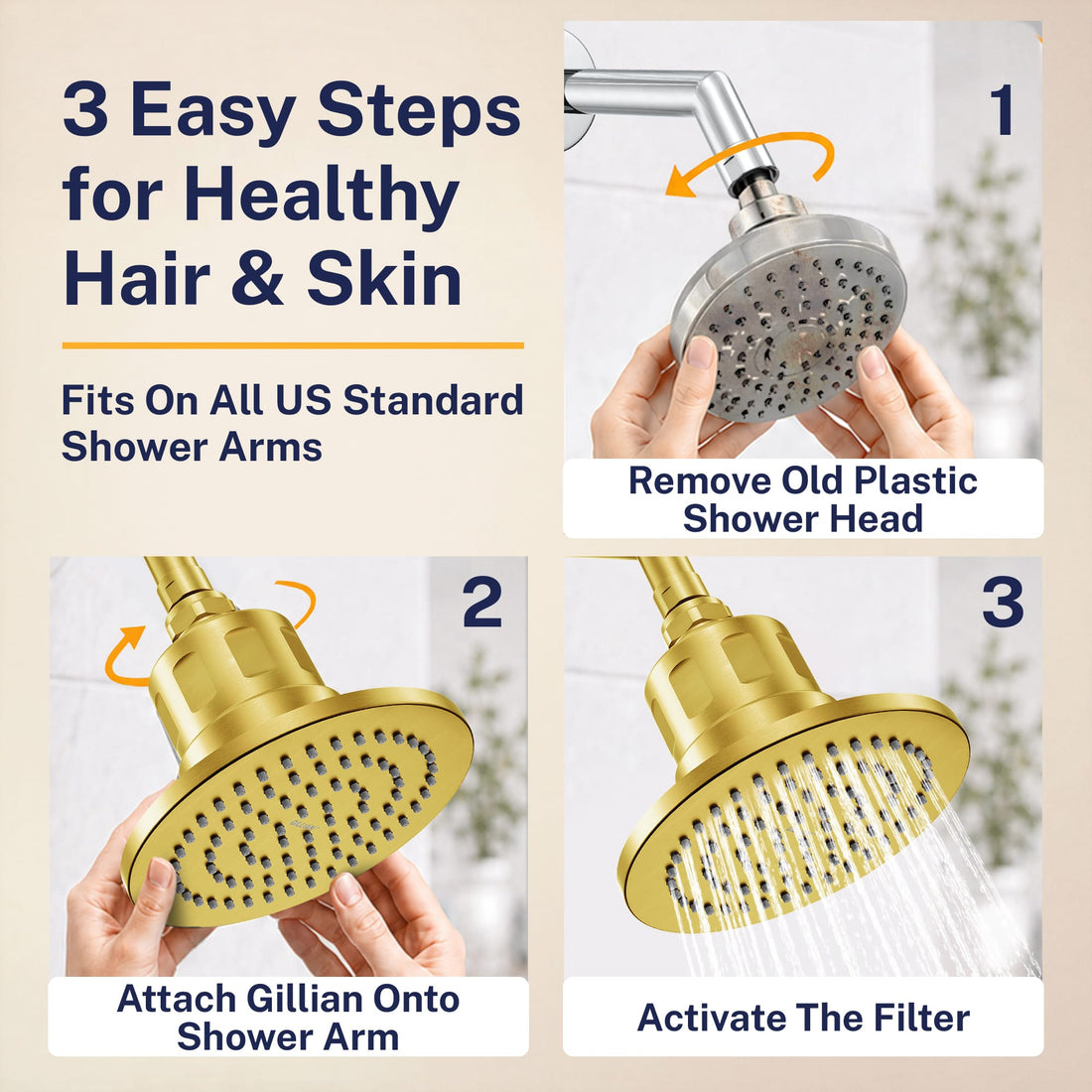 Easy Steps Gillian — The METAL Filtered Shower Head Brushed Gold / 2.5 GPM Brushed Gold / 1.75 GPM - The Shower Head Store