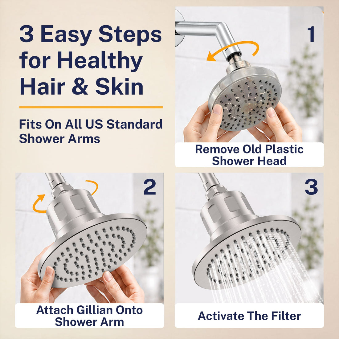 Easy Steps Gillian — The METAL Filtered Shower Head Brushed Nickel / 2.5 GPM Brushed Nickel / 1.75 GPM - The Shower Head Store