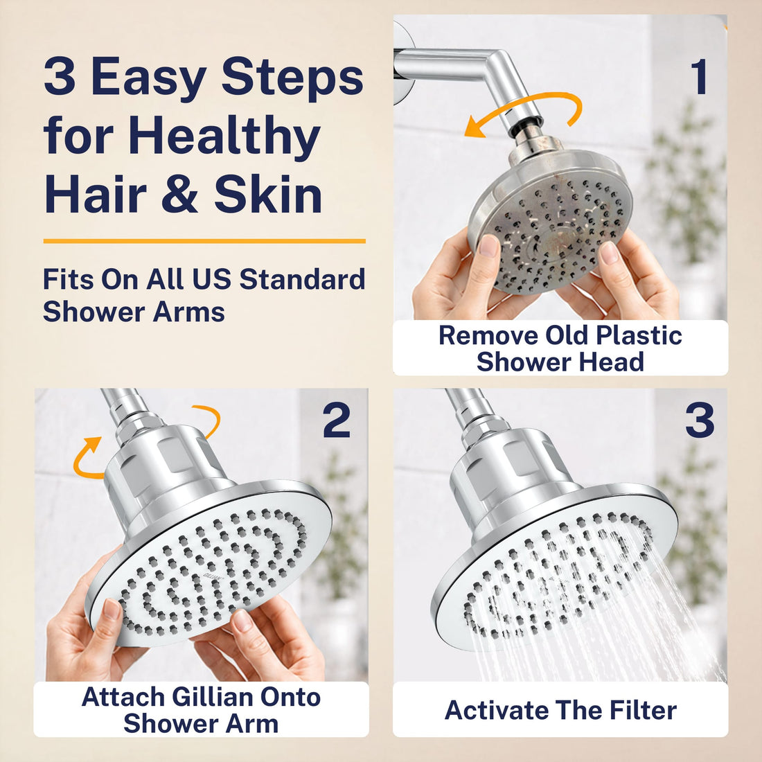 Easy Steps Gillian — The METAL Filtered Shower Head Chrome / 2.5 GPM Chrome / 1.75 GPM - The Shower Head Store