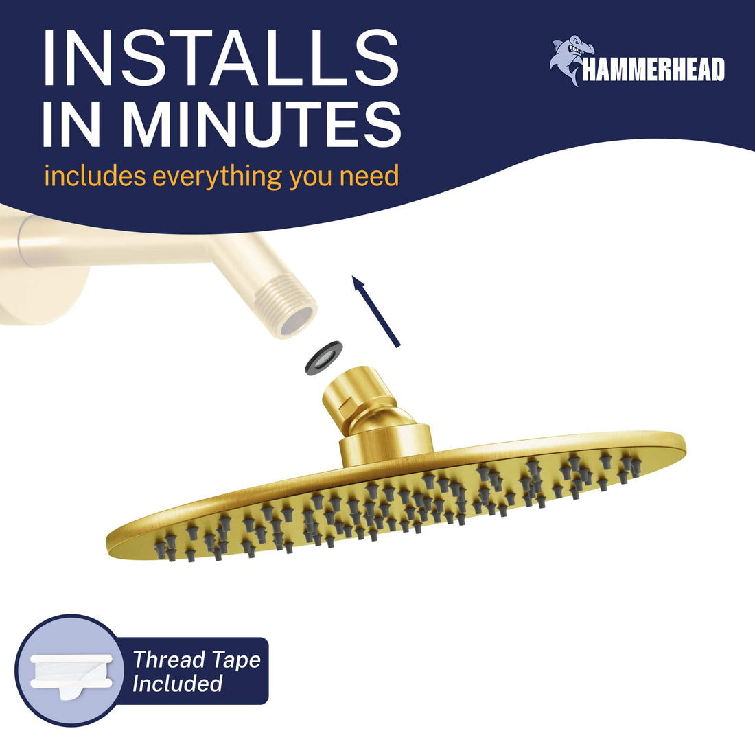 Installation Metal 8 Inch Rain Shower Head Rainfall Showerhead Brushed Gold / 2.5 GPM Brushed Gold / 1.75 GPM - The Shower Head Store