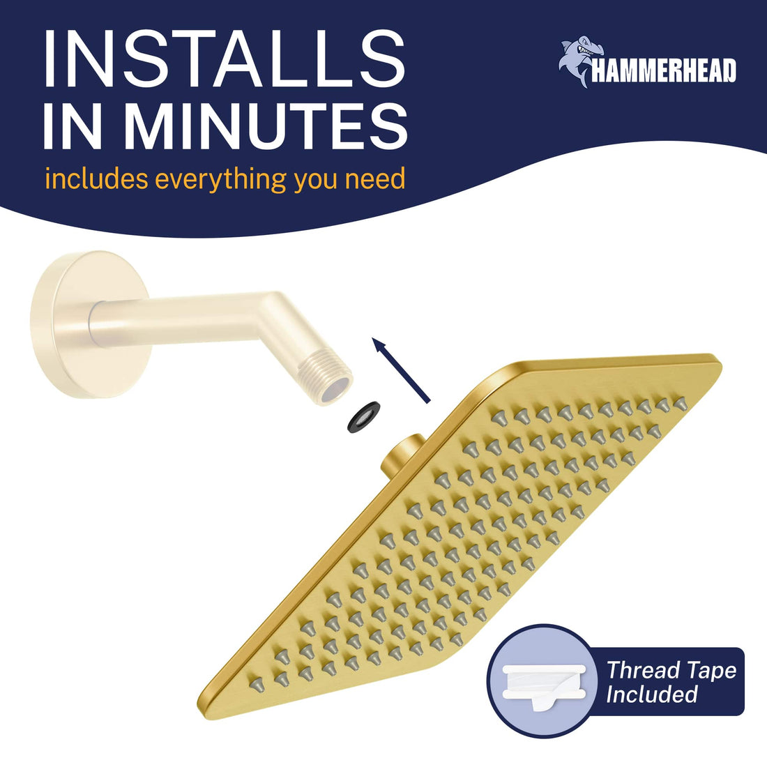 Installs in Minutes Square Rain Shower Head Brushed Gold  / 2.5 - The Shower Head Store