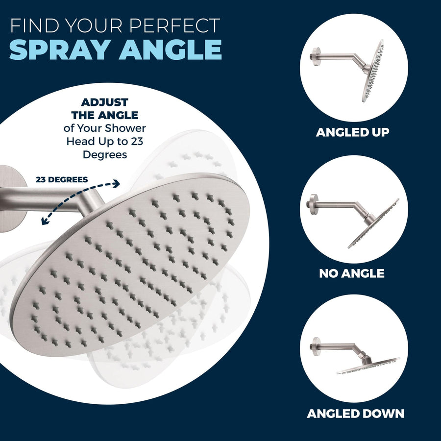 Adjustable Spray Angle - Brushed Nickel - ALL METAL 8 Inch Rainfall Shower Head - Shower Head Rainfall - 2.5 GPM High Flow Shower Head Optimized for Pressure – Large Round Rain Shower Heads - Wall, Overhead, or Ceiling Mount - The Shower Head Store