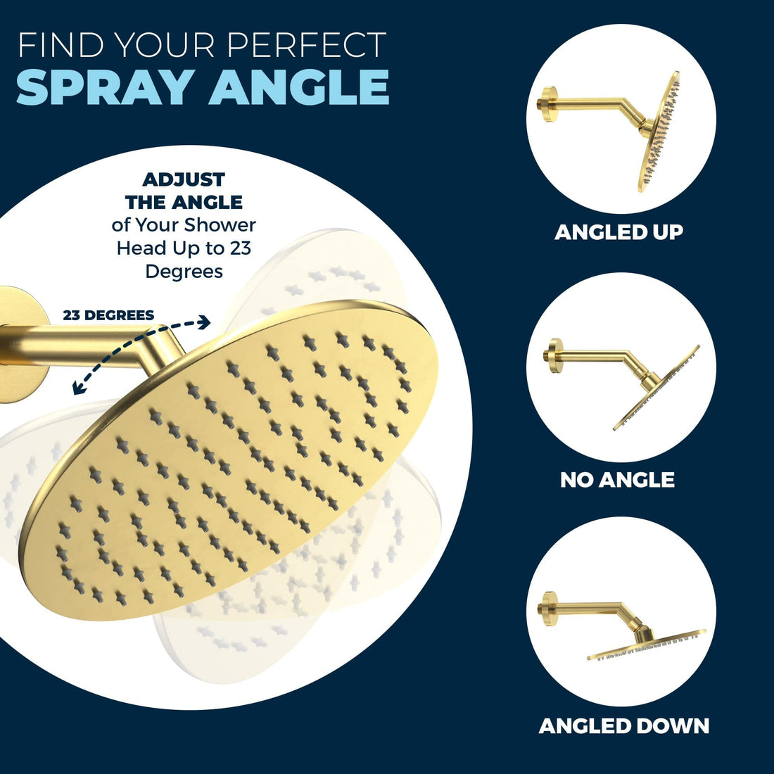 Adjustable Spray Angle - ALL METAL 8 Inch Rainfall Shower Head - Shower Head Rainfall - 2.5 GPM High Flow Shower Head Optimized for Pressure – Large Round Rain Shower Heads - Wall, Overhead, or Ceiling Mount Brushed Gold - The Shower Head Store