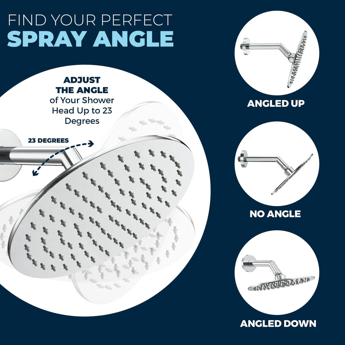 Adjustable Spray Angle - Chrome - ALL METAL 8 Inch Rainfall Shower Head - Shower Head Rainfall - 2.5 GPM High Flow Shower Head Optimized for Pressure – Large Round Rain Shower Heads - Wall, Overhead, or Ceiling Mount - The Shower Head Store