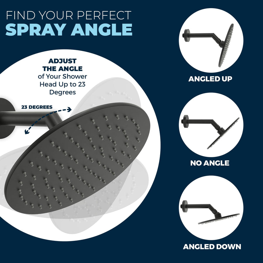 Adjustable Spray Angle - Matte Black - ALL METAL 8 Inch Rainfall Shower Head - Shower Head Rainfall - 2.5 GPM High Flow Shower Head Optimized for Pressure – Large Round Rain Shower Heads - Wall, Overhead, or Ceiling Mount - The Shower Head Store