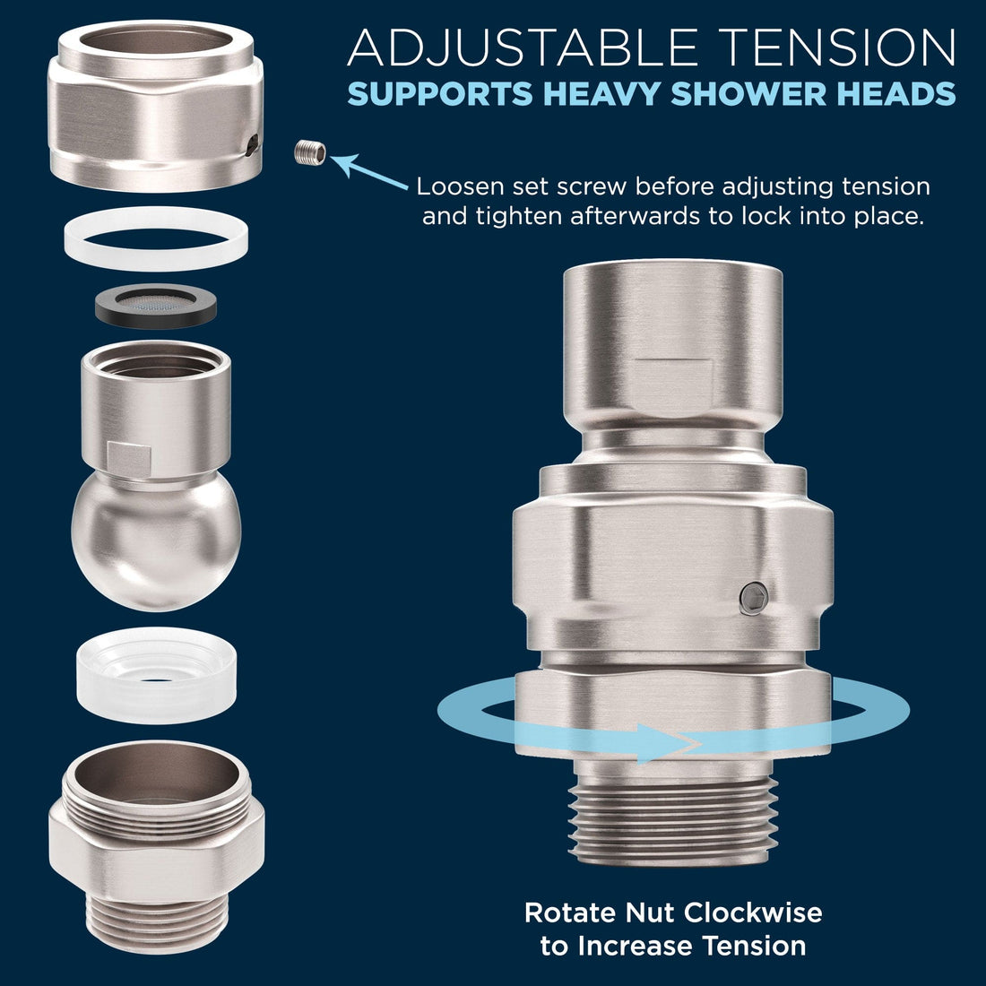 Adjustable Tensions Shower Swivel Adapter Supports Heavy Shower Heads Brushed Nickel - The Shower Head Store