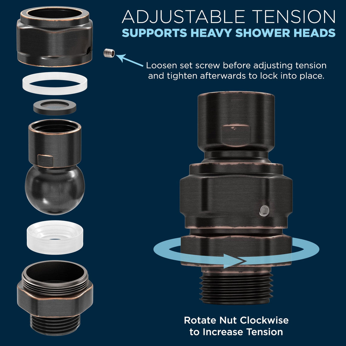 Adjustable Tensions Shower Swivel Adapter Supports Heavy Shower Heads Oil Rubbed Bronze - The Shower Head Store