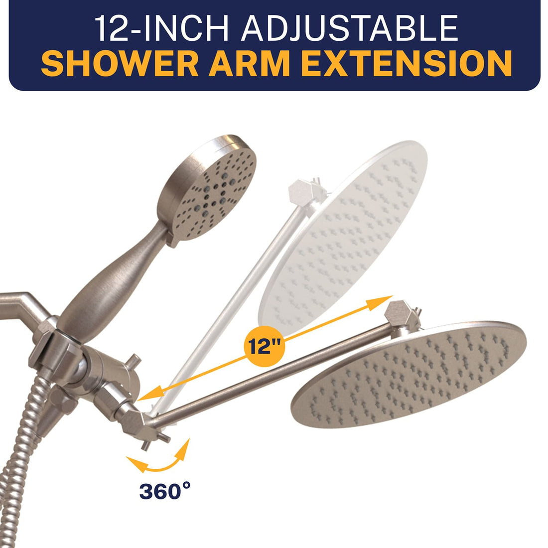 Adjustable Shower Arm 3-Spray Dual with Adjustable Arm Brushed Nickel / 2.5 GPM - The Shower Head Store