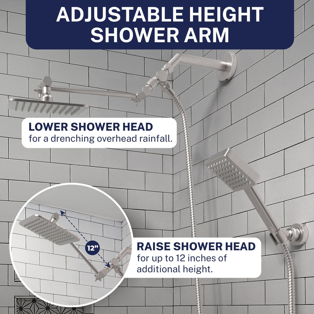 Shower Arm Extension Square Dual Shower Head Set Brushed Nickel  / 2.5 - The Shower Head Store