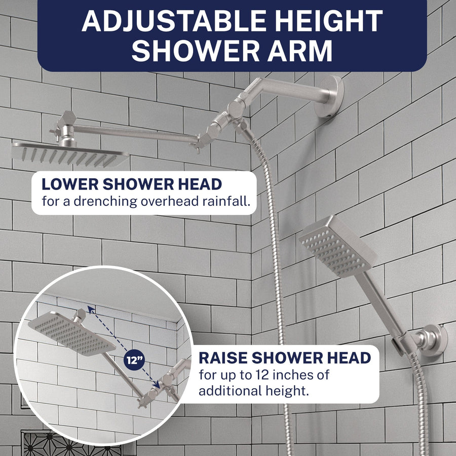 Shower Arm Extension Square Dual Shower Head Set Brushed Nickel  / 2.5 - The Shower Head Store