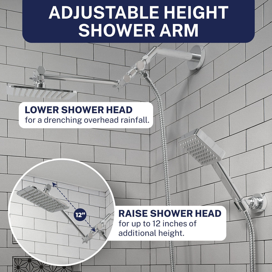 Shower Arm Extension Square Dual Shower Head Set Chrome / 2.5 - The Shower Head Store