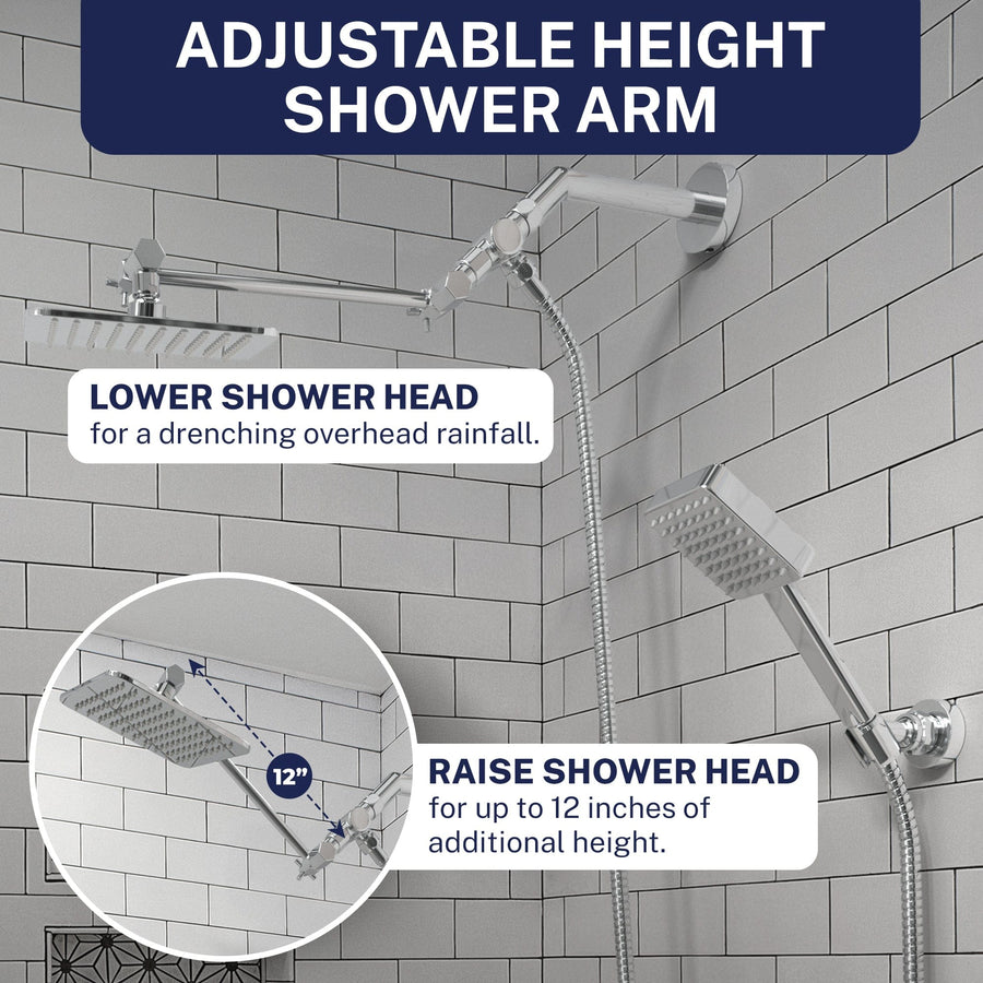 Shower Arm Extension Square Dual Shower Head Set Chrome / 2.5 - The Shower Head Store