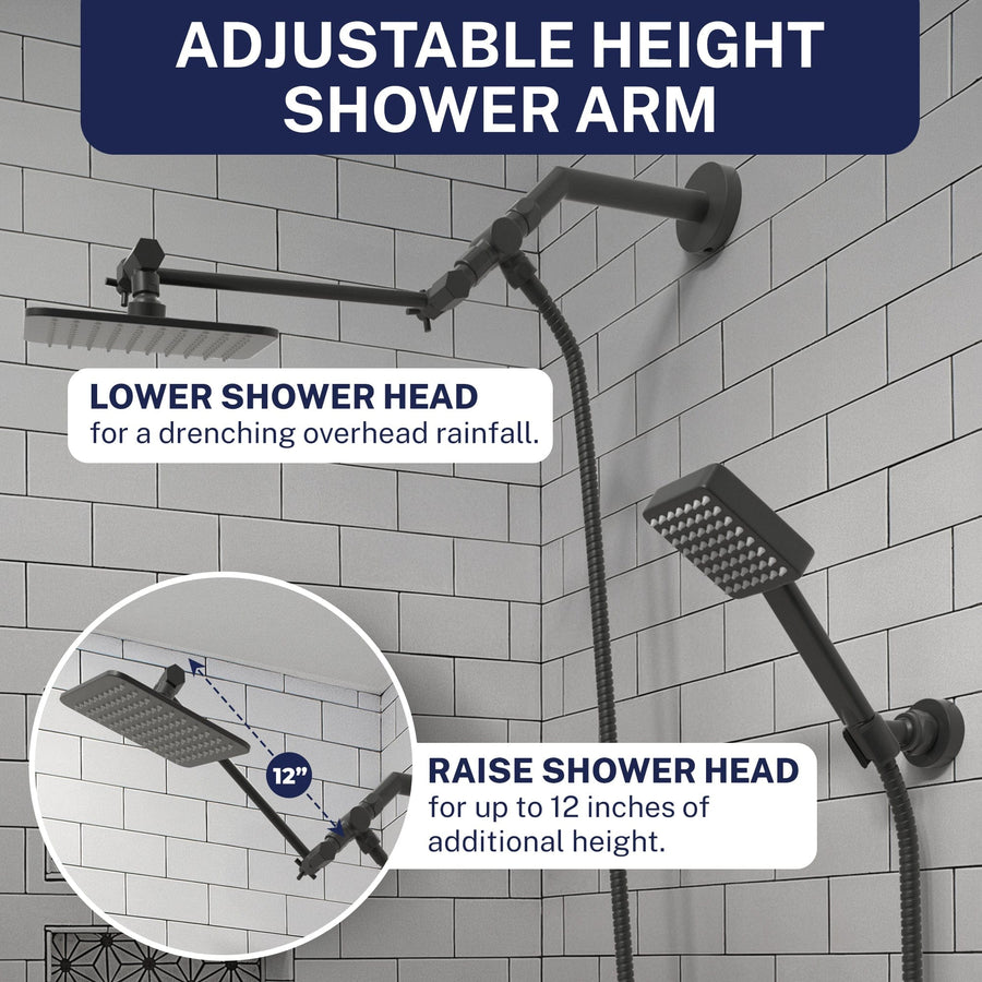 Shower Arm Extension Square Dual Shower Head Set Matte Black  / 2.5 - The Shower Head Store
