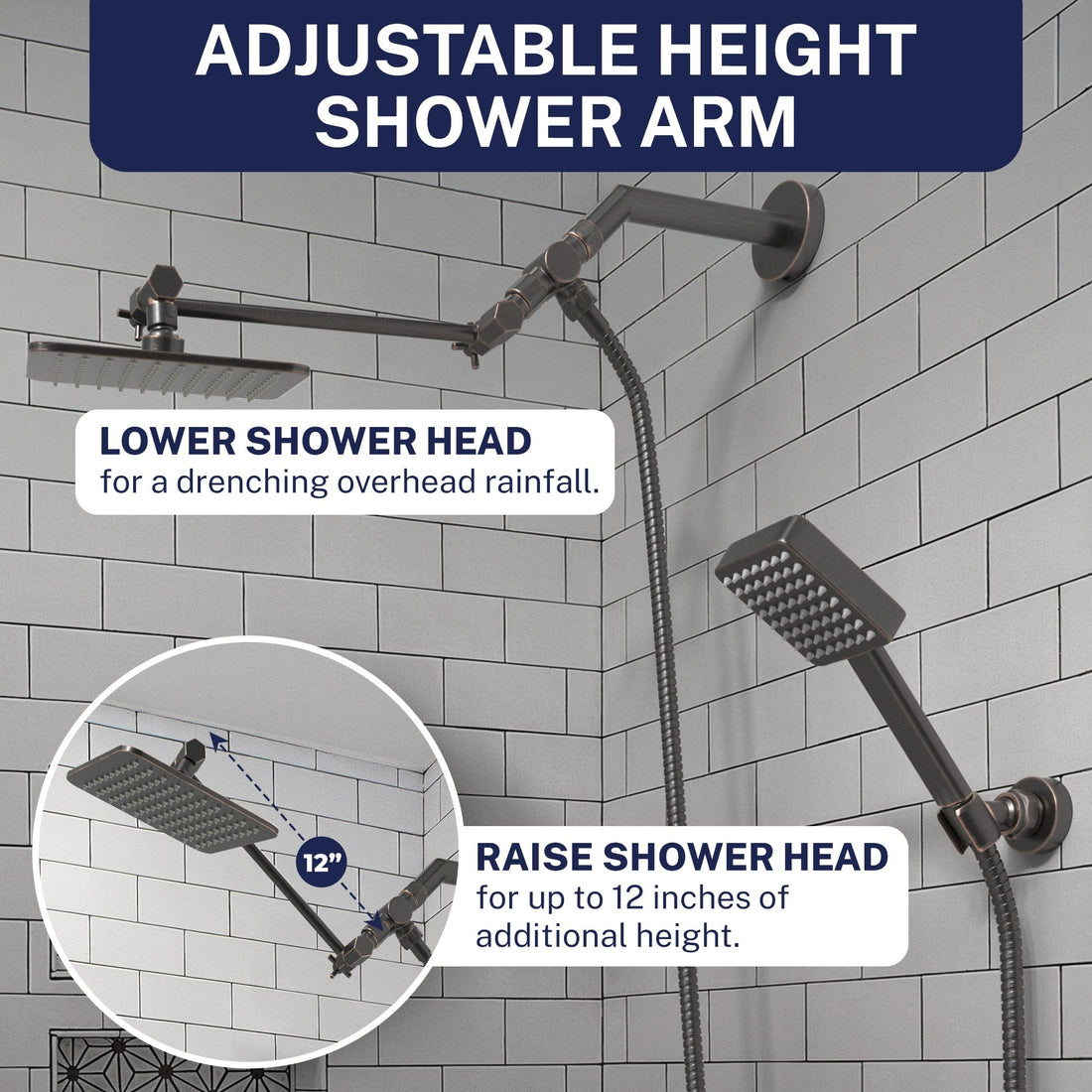 Shower Arm Extension Square Dual Shower Head Set Oil Rubbed Bronze  / 2.5 - The Shower Head Store
