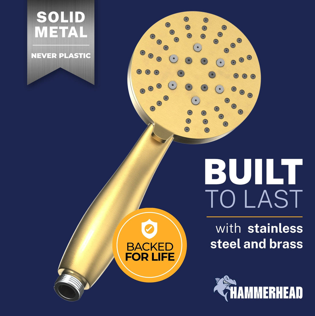 Built to Last All Metal 3-Spray Handheld Shower Head, Handshower Only Brushed Gold / 2.5 - The Shower Head Store