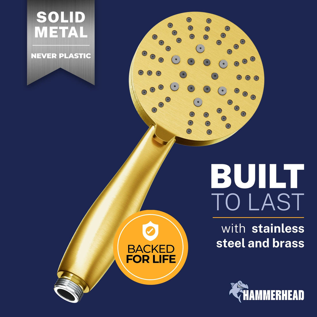 Built to Last All Metal 3-Spray Handheld Shower Head, Handshower Only Brushed Gold / 2.5 GPM Brushed Gold / 1.75 GPM - The Shower Head Store