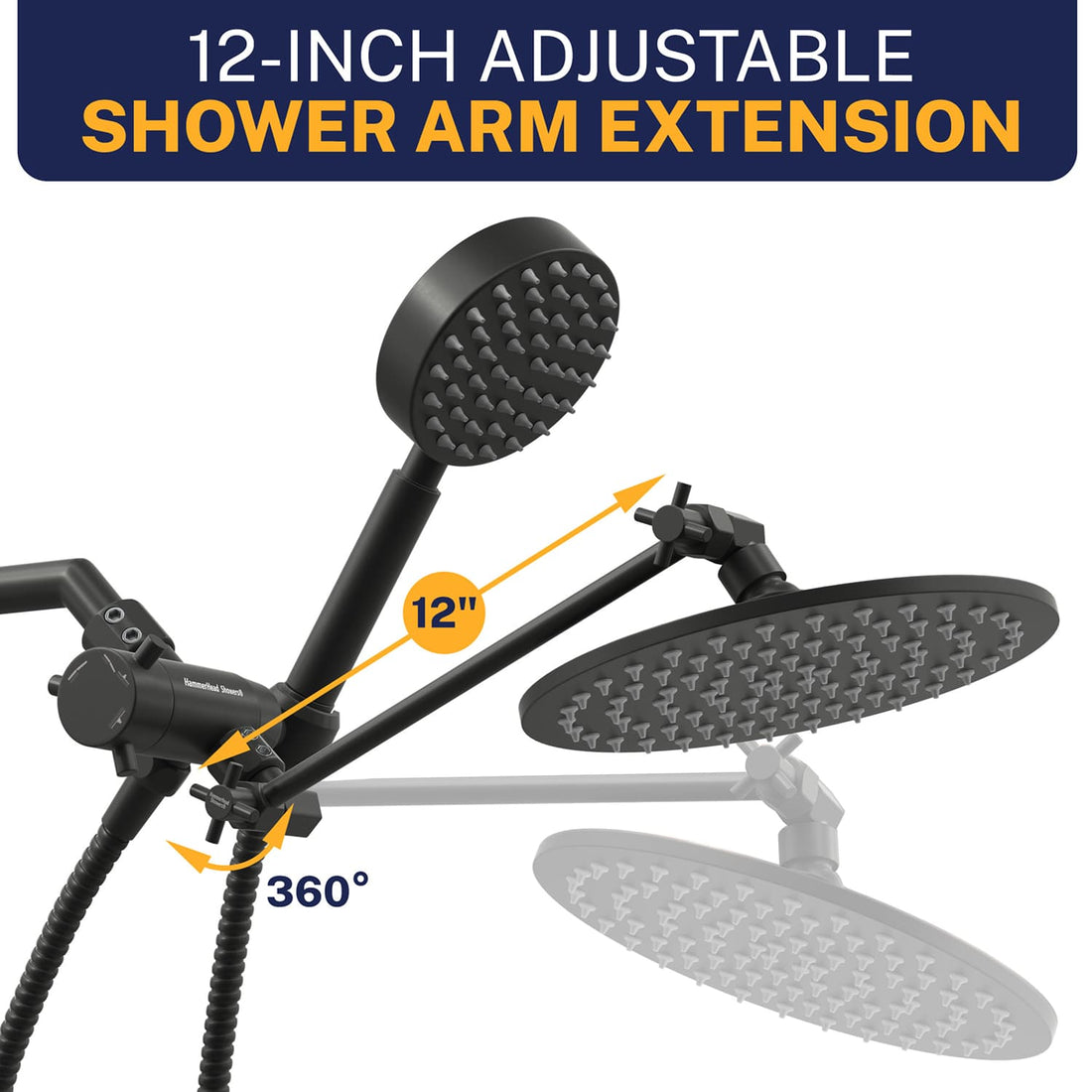Extension Arm 1-Spray Dual with Adjustable Arm Matte Black / 2.5 GPM - The Shower Head Store