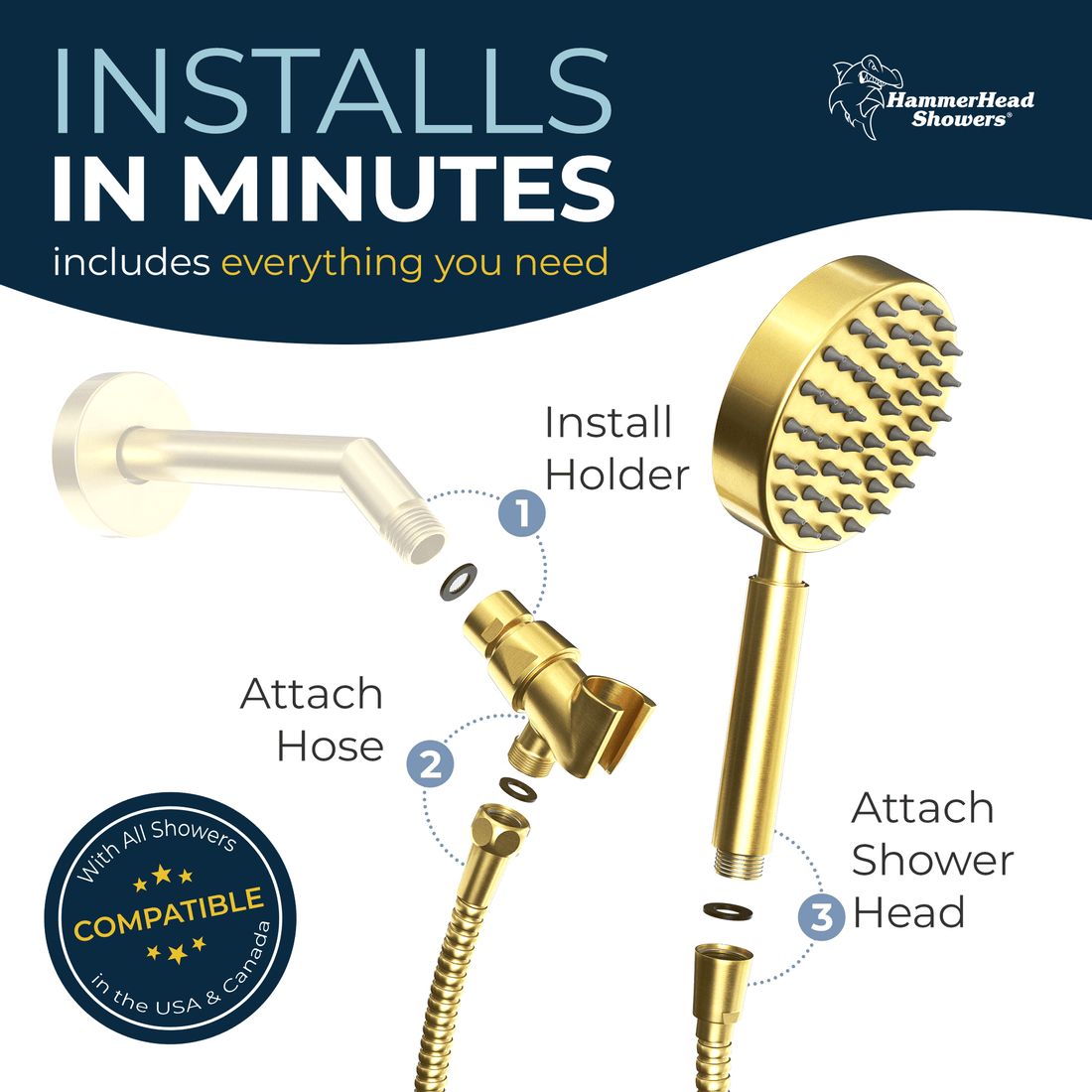 Assembly All Metal Handheld Shower Head Set Chrome - High Pressure 1-Spray Chrome - The Shower Head Store Brushed Gold / 2.5