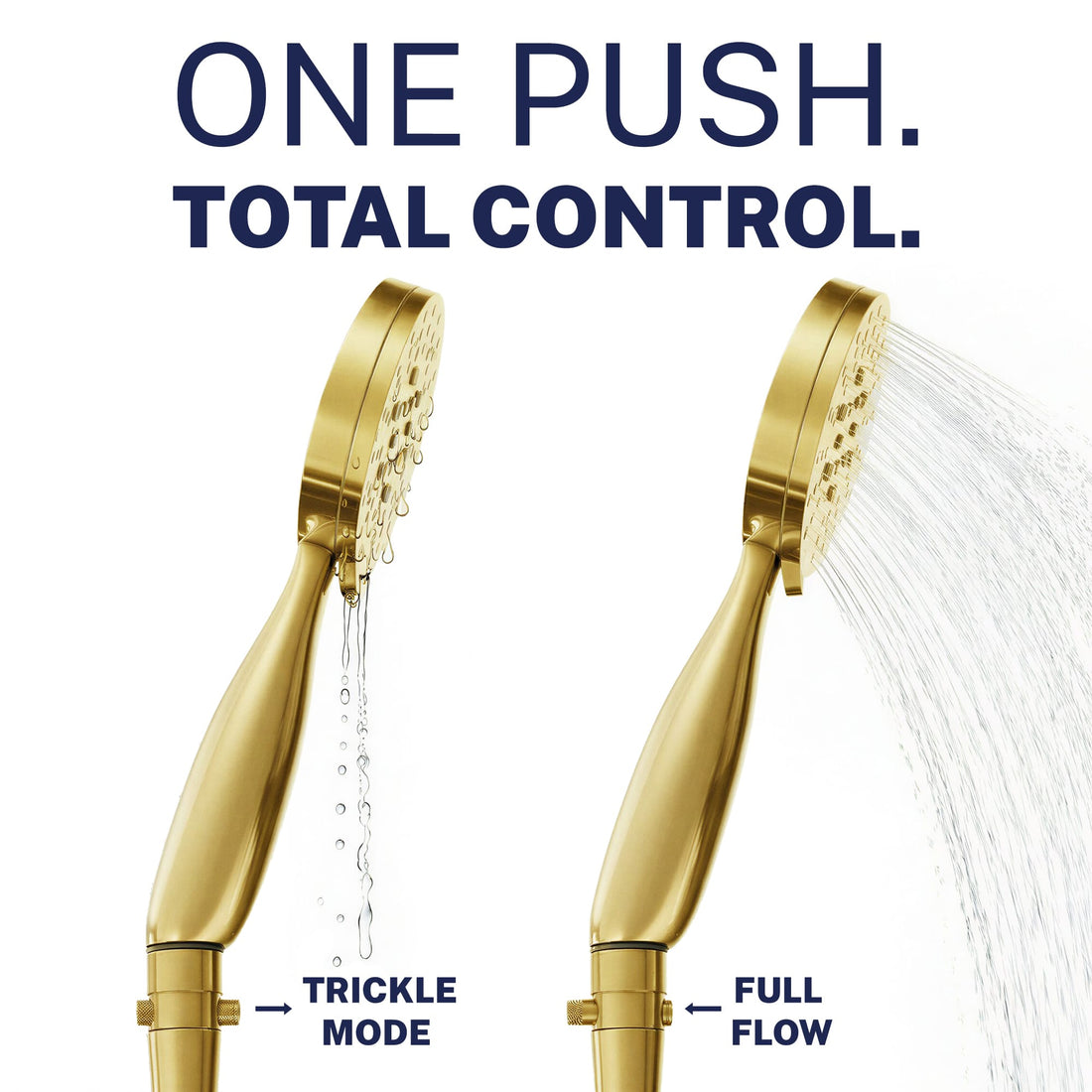 One Push Feature Main Image Trickle Valve Installed to Handheld Shower Head Brushed Gold - The Shower Head Store