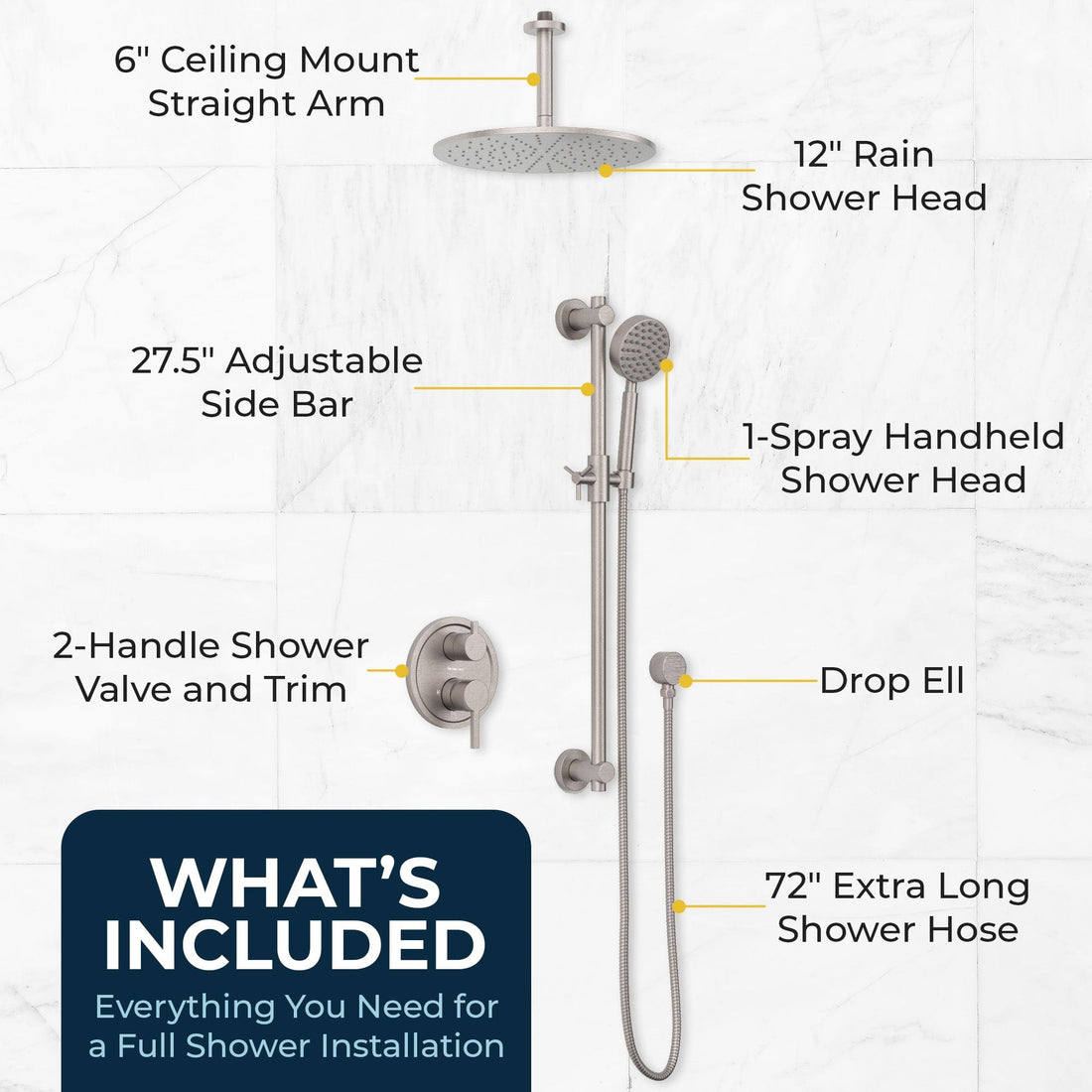 What's Included 2-Handle Valve and Trim Shower System with Dual Shower Head and Slide Bar Brushed Nickel  / 2.5 - The Shower Head Store