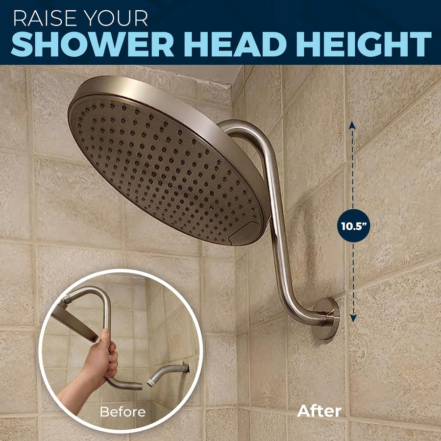 Before and After High Rise Shower Arm Raise Showerhead Height 10.5 Inches Shower Head Increase Brushed Nickel  - The Shower Head Store