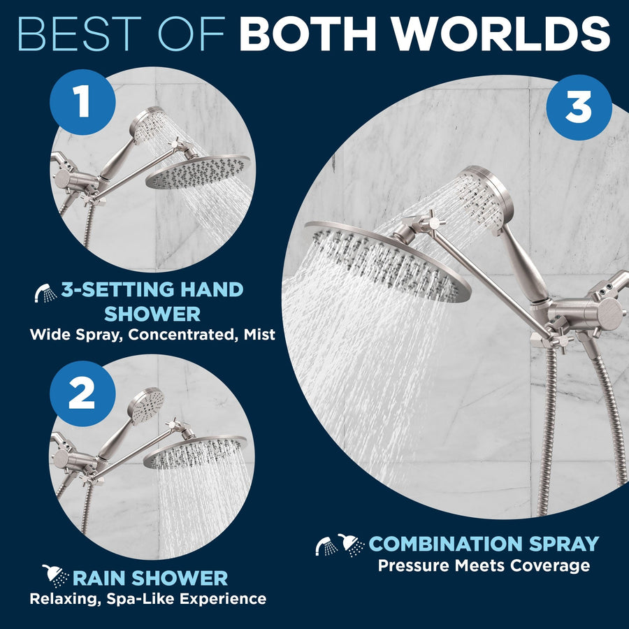 Best of Both Worlds All Metal Dual Shower Head with Adjustable Arm - Complete Shower System with Valve and Trim Brushed Nickel  / 1.75 - The Shower Head Store