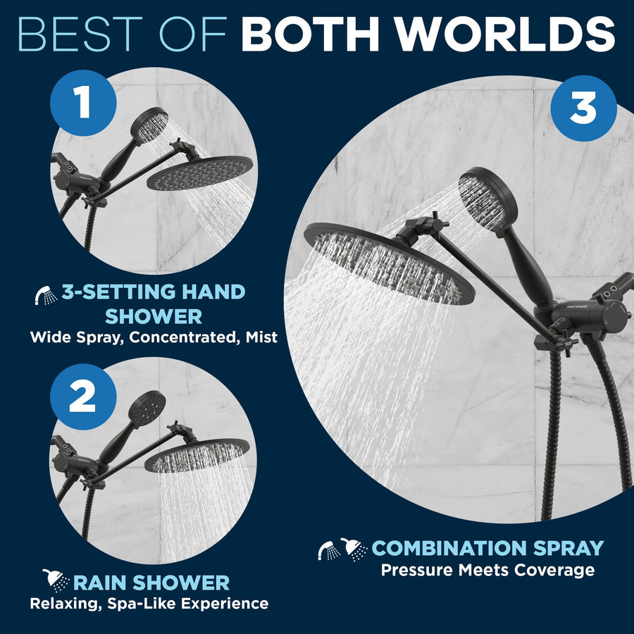 Best of Both Worlds All Metal Dual Shower Head with Adjustable Arm - Complete Shower System with Valve and Trim Matte Black  / 2.5 - The Shower Head Store