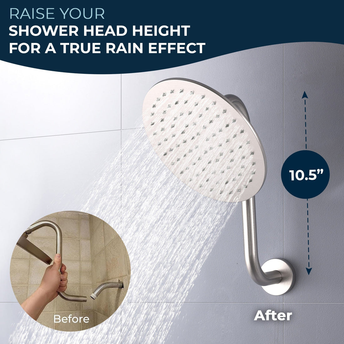 Benefit S-Style Shower Arm with Rain Shower Head Brushed Nickel - The Shower Head Store