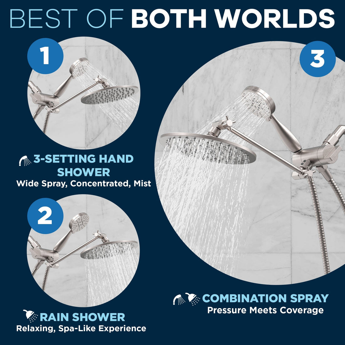Features 3-Spray Dual with Adjustable Arm Brushed Nickel / 1.75 - The Shower Head Store