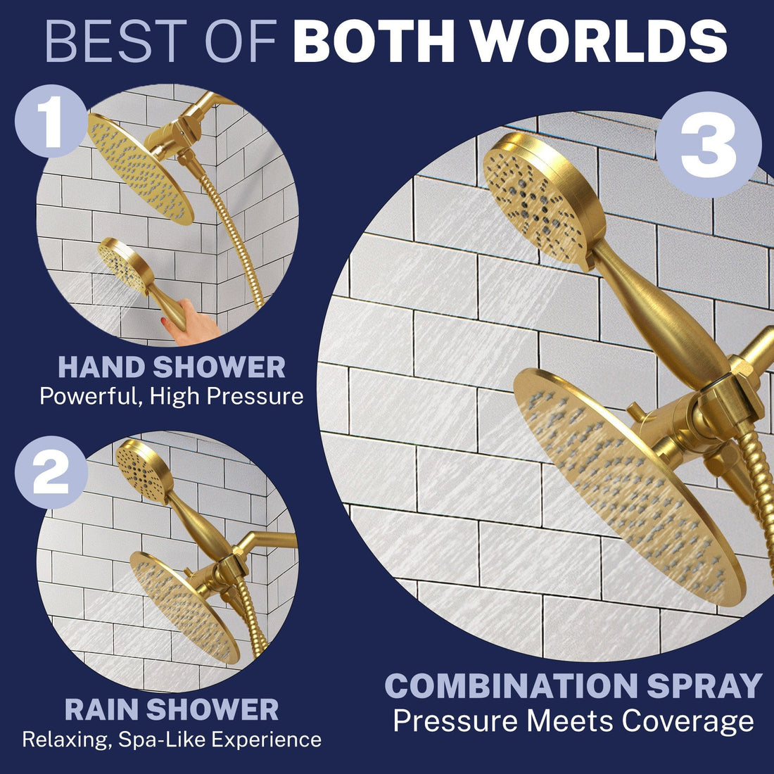 Best of Both Worlds All Metal 3-Spray Dual Shower Head Combo with Hand Held & Rain Shower - Brushed Gold - The Shower Head Store