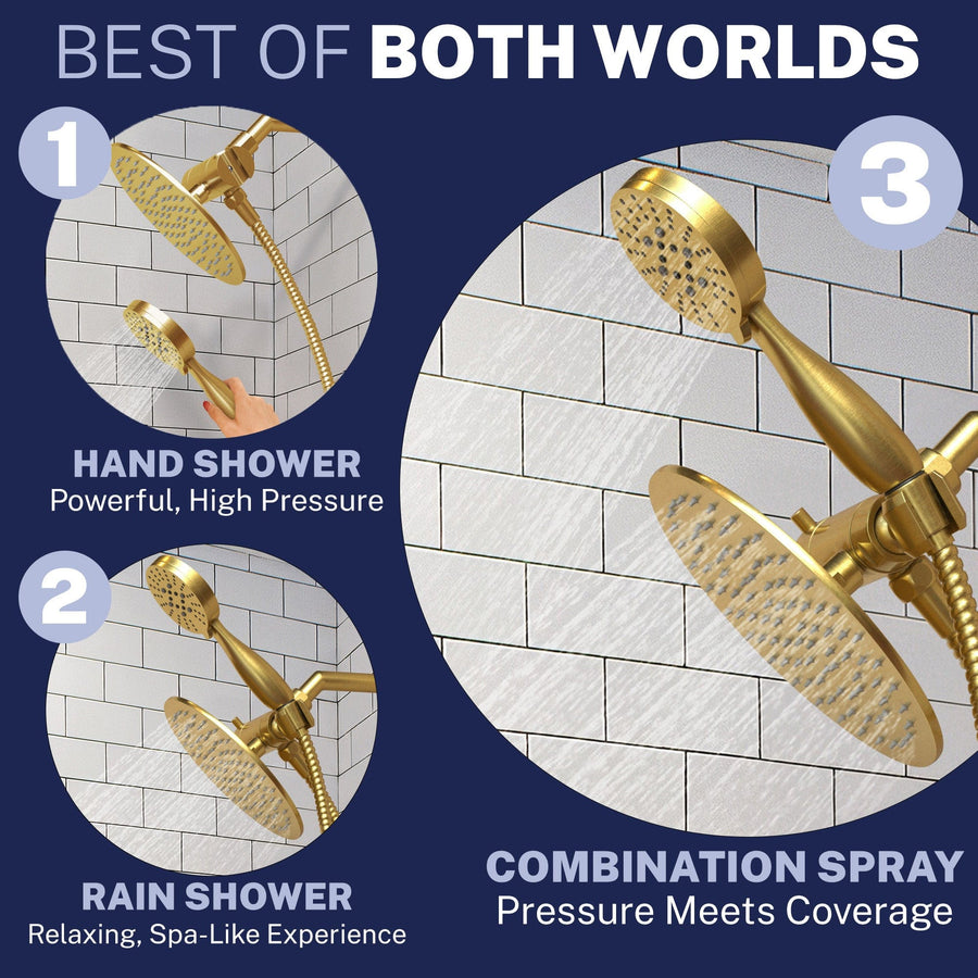 Best of Both Worlds All Metal 3-Spray Dual Shower Head Combo with Hand Held & Rain Shower - Brushed Gold - The Shower Head Store