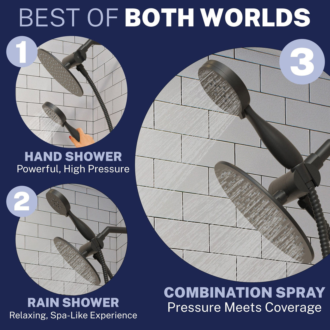 Best of Both Worlds 3-Spray Dual Shower Head Matte Black  / 1.75 - The Shower Head Store