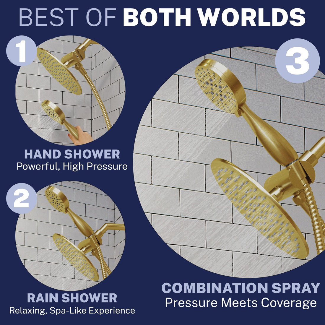 Best of Both Worlds All Metal 3-Spray Dual Shower Head Combo with Hand Held & Rain Shower - Brushed Gold - The Shower Head Store