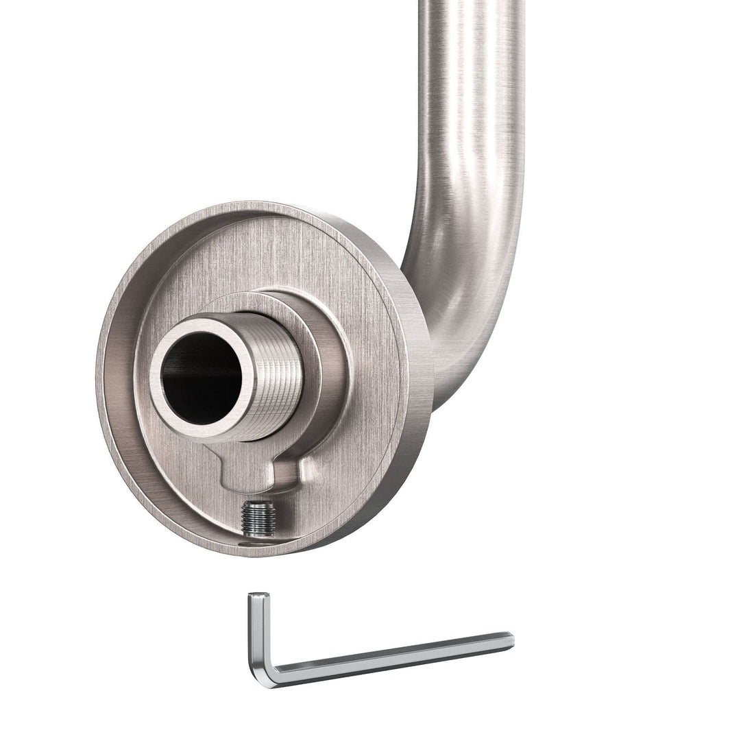 Brushed Nickel Flange Locking Screw - All Metal S Style High Rise Shower Arm and Flange with Set Screw - Wall Elbow Pipe and Cover Plate to Raise Showerhead Height - Universal Replacement Part for Showerheads - The Shower Head Store