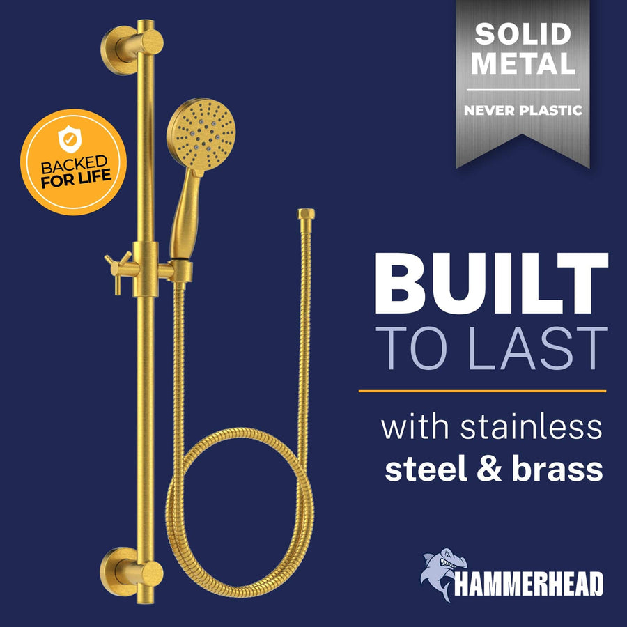 Built to Last Slide Bar with 3-Spray Hand Held Shower Head & Hose Brushed Gold / 2.5 GPM Brushed Gold / 1.75 GPM - The Shower Head Store