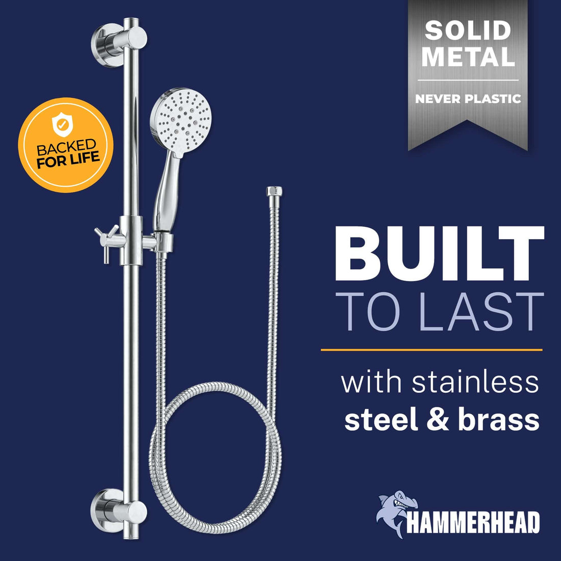 Built to Last Slide Bar with 3-Spray Hand Held Shower Head & Hose Chrome / 2.5 - The Shower Head Store