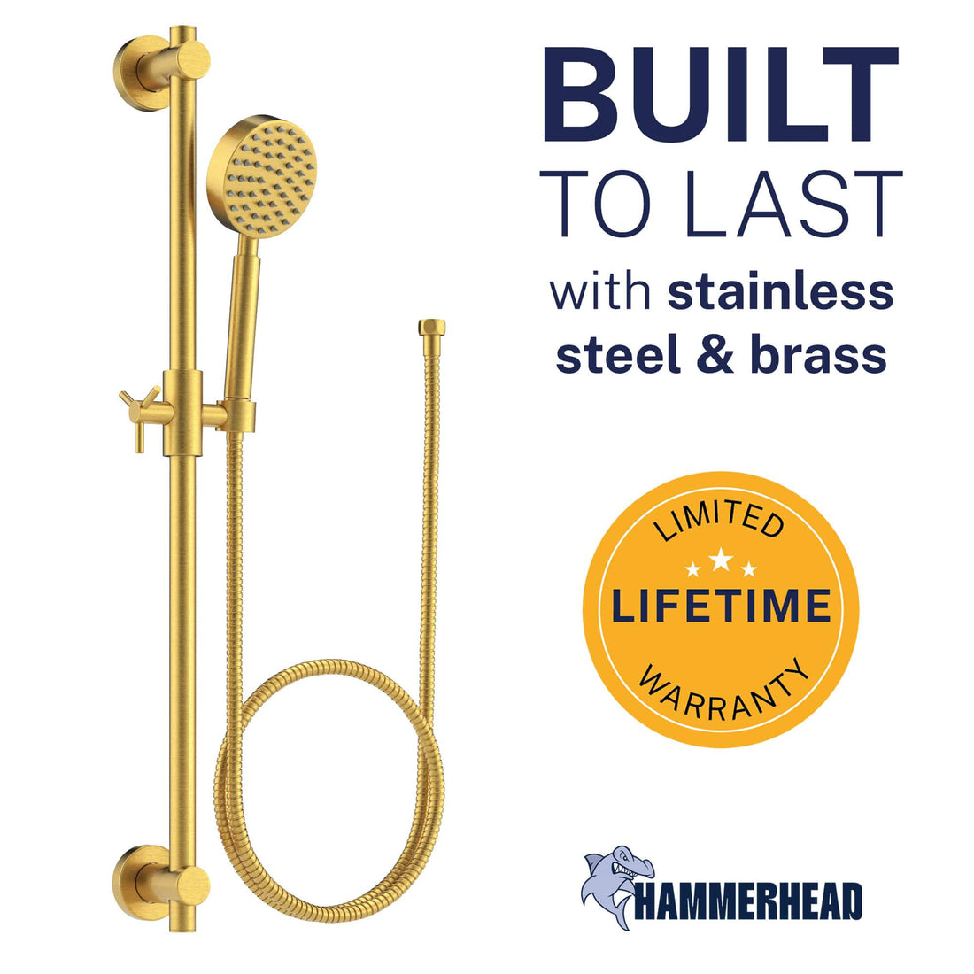 Built to Last ALL Metal Shower Slide Bar with Hand Held Shower Head & Hose Brushed Gold / 2.5 GPM Brushed Gold / 1.75 GPM - The Shower Head Store