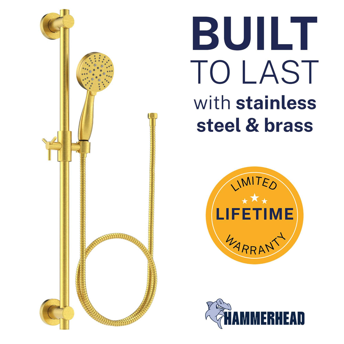 Built to Last Slide Bar with 3-Spray Hand Held Shower Head & Hose Brushed Gold / 2.5 GPM Brushed Gold / 1.75 GPM - The Shower Head Store