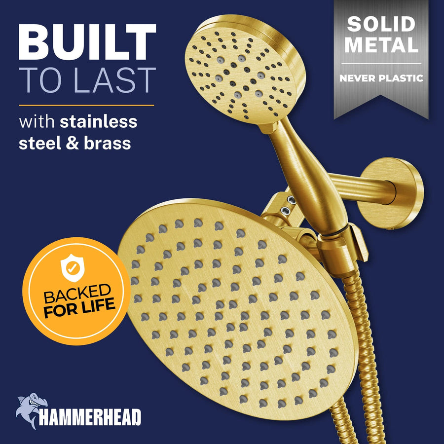 Built to Last All Metal 3-Spray Dual Shower Head Combo with Hand Held & Rain Shower - Brushed Gold - The Shower Head Store