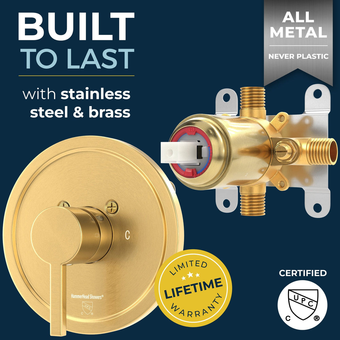 Built to Last with Stainless Steel and Brass cUPC Certified - All Metal 1-Handle Tub and Shower Valve with Trim Kit Brushed Gold - The Shower Head Store