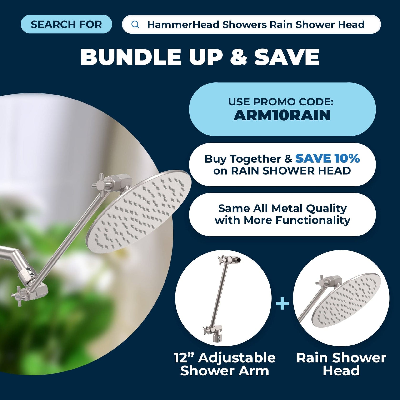 All Metal Adjustable Shower Arm Extension — Raise or Lower Shower Head