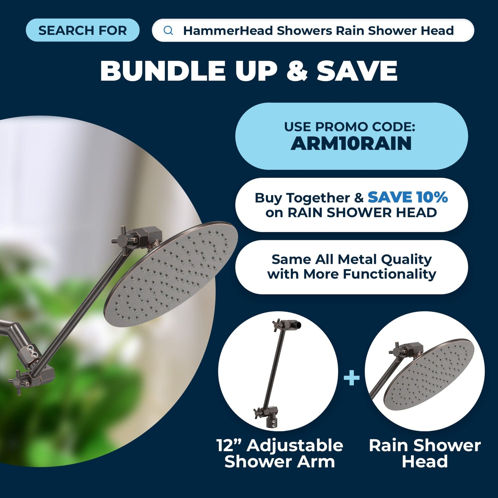 All Metal Adjustable Shower Arm Extension — Raise or Lower Shower Head