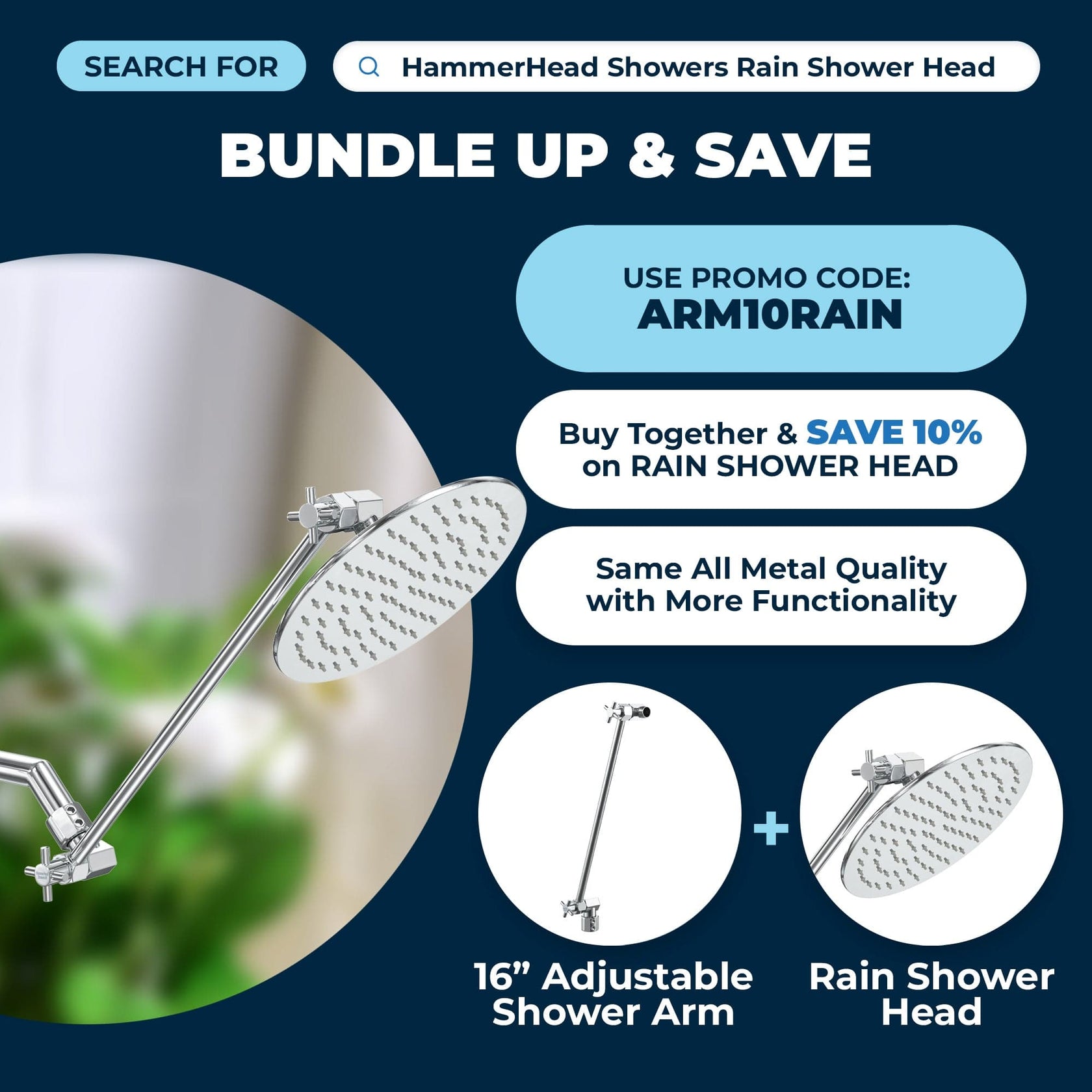 All Metal Adjustable Shower Arm Extension — Raise or Lower Shower Head