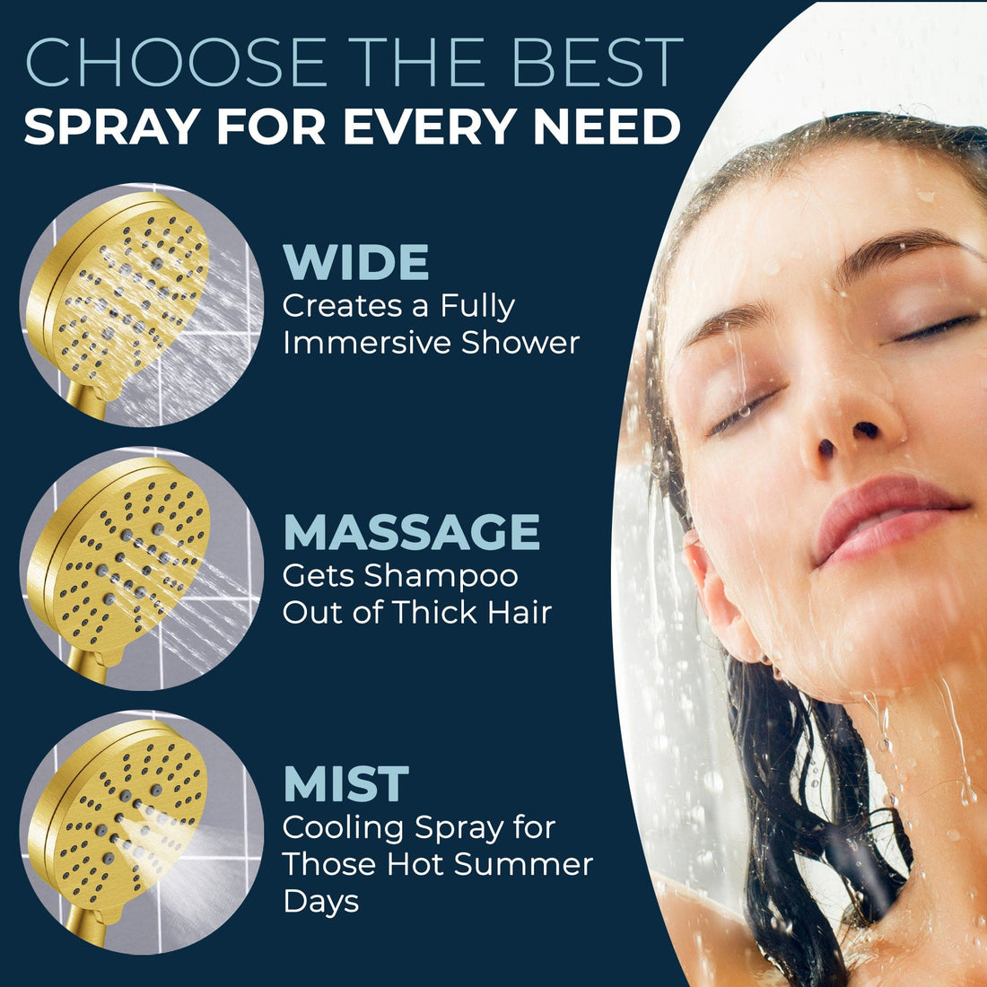 Choose the Best Spray All Metal 3-Spray Dual Shower Head Combo with Hand Held & Rain Shower - Brushed Gold - The Shower Head Store