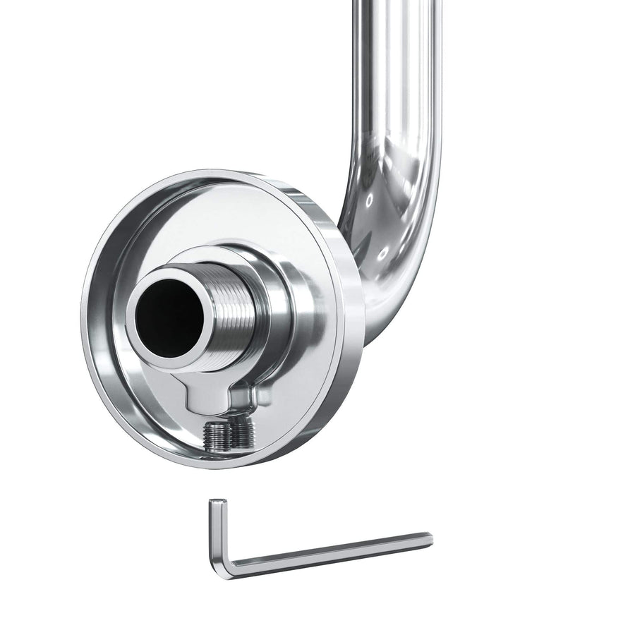 Chrome Flange Locking Screw - All Metal S Style High Rise Shower Arm and Flange with Set Screw - Wall Elbow Pipe and Cover Plate to Raise Showerhead Height - Universal Replacement Part for Showerheads - The Shower Head Store